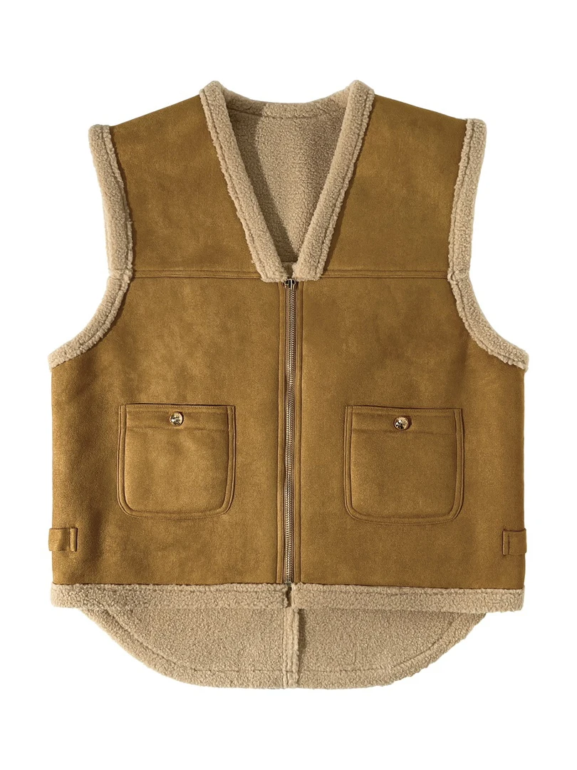 

Lamb wool brown vest v-neck collar design casual fashion 2024 fall new 1106