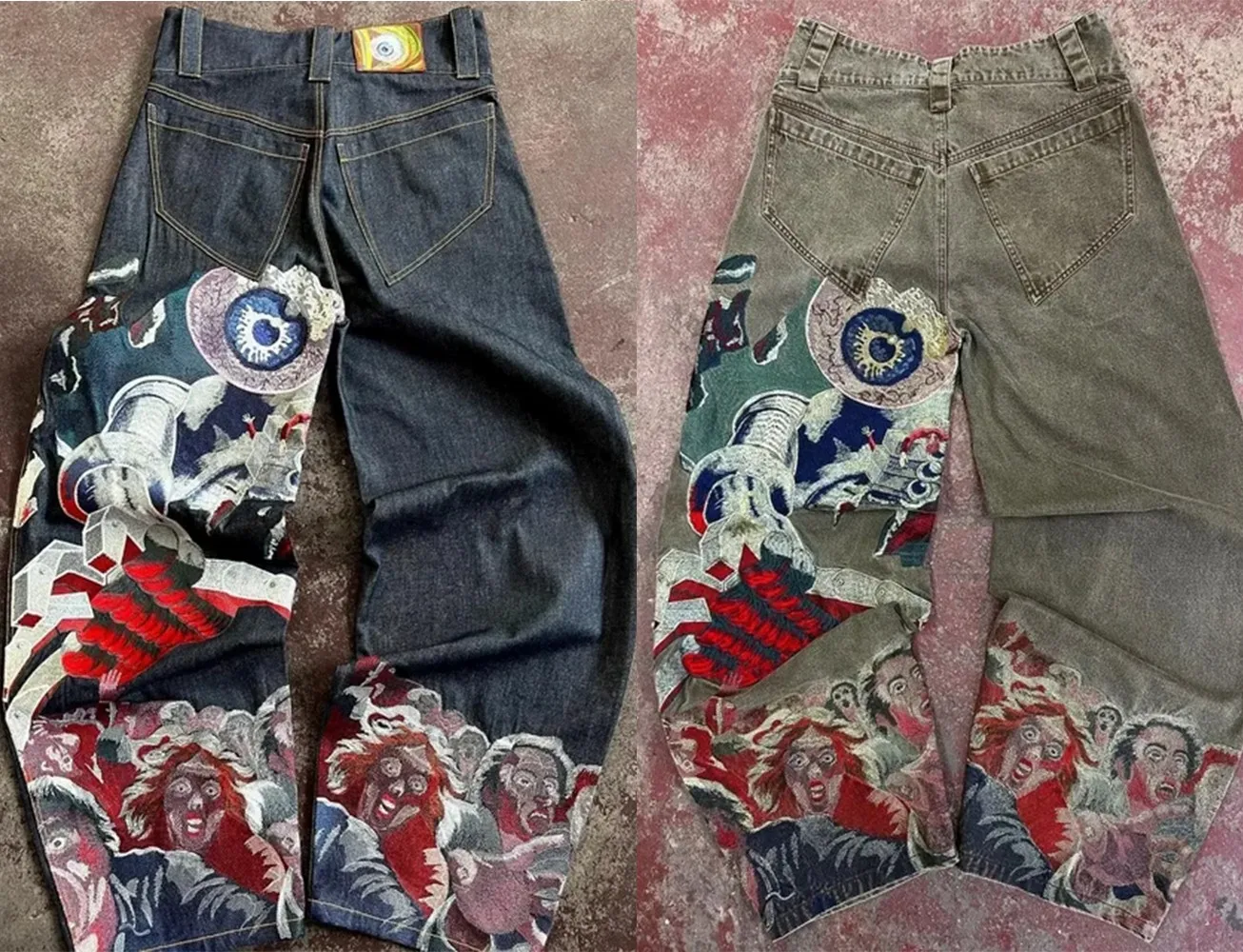 하라주쿠 힙합 자수 헐렁한 청바지, Y2k 바지, 펑크 록 하이 웨이스트 와이드 레그 바지, 남성 여성, 신상 스트리트웨어
