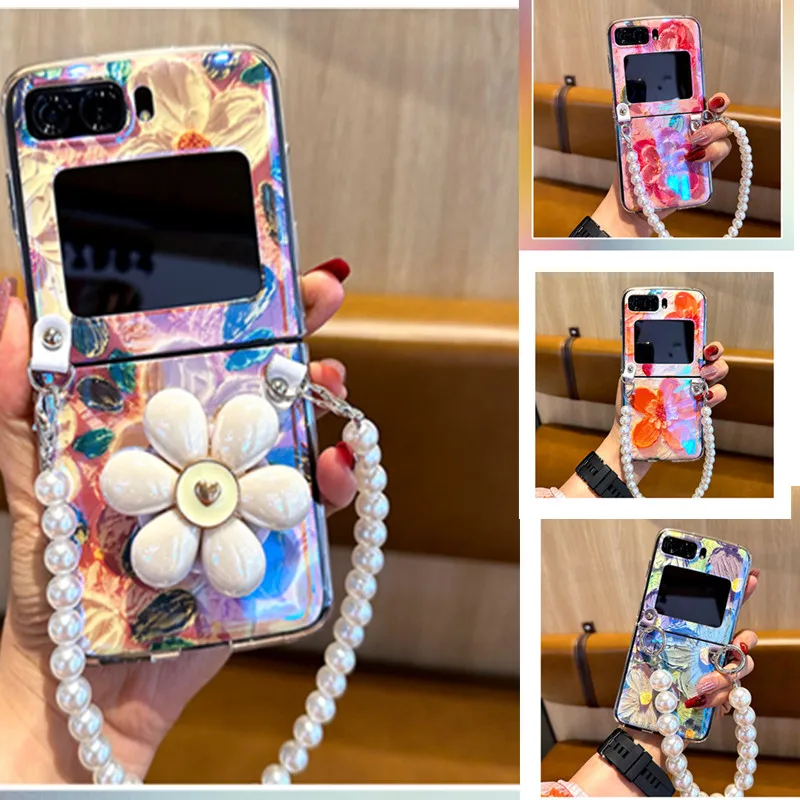 Coreano Fashion Cute Flower Holder Stand Catena Corta Per Motorola Razr 2022 Case 6.7 Pollici Moto Razr 2022 Cover 5G