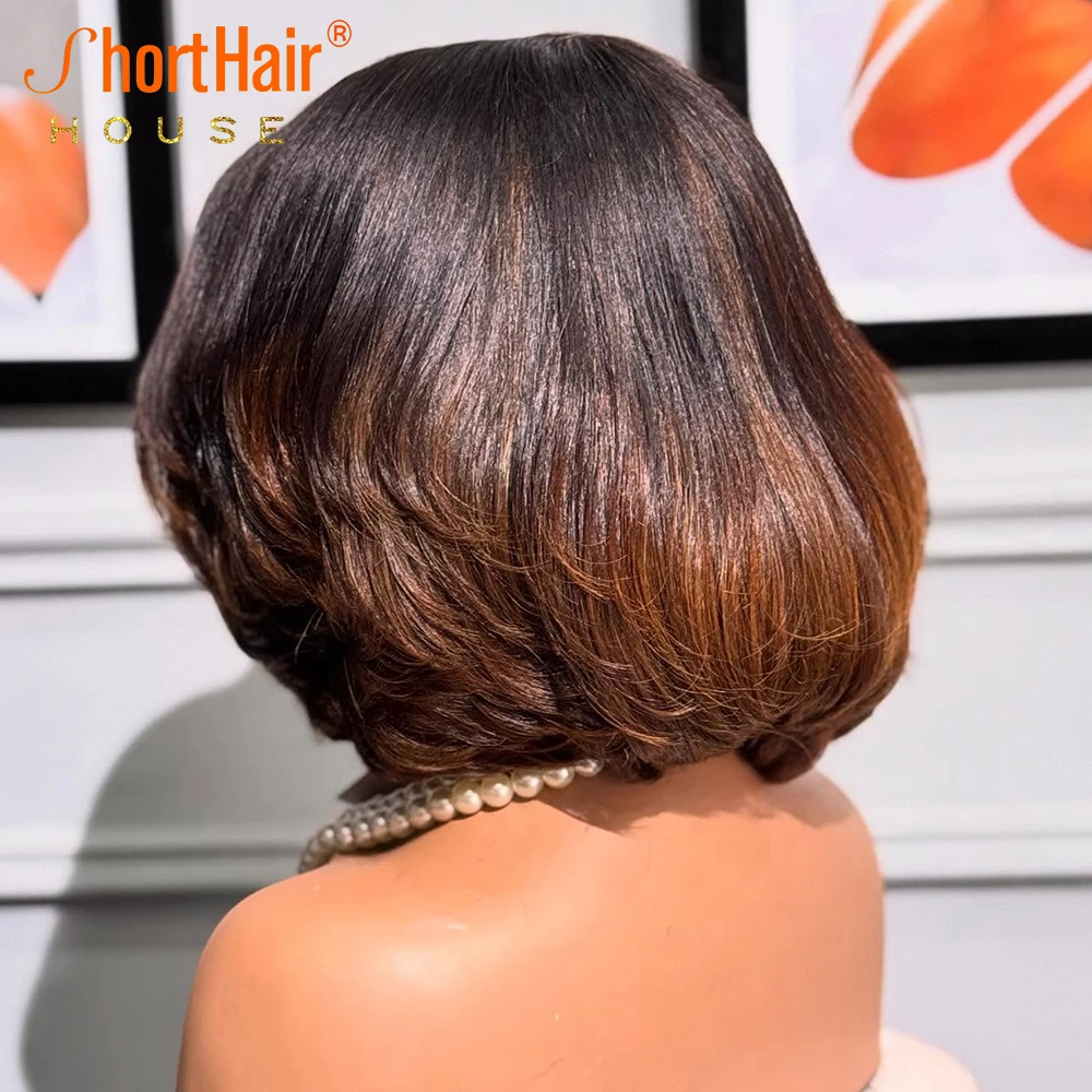 Human Hair Wigs Brown Highlight Pre-cut Lace Closure Wigs Glueless Human Hair Brazilian Reddish Brown Wavy Layered Wave