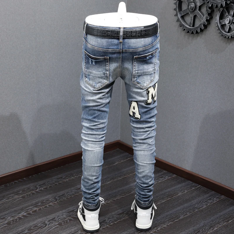 New Street Fashion Men's Elastic Jeans Slim Fit Split Letter Jeans White Patch Designer High Quality Hip Hop Brand Pants