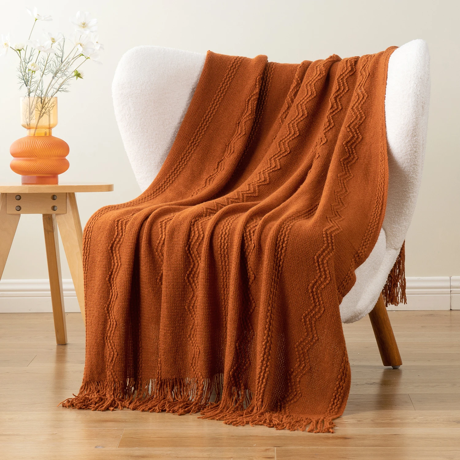 Caramel Knit Throw Blanket - Lightweight Plaid Blanket for Couch and Bed