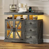 LED Farmhouse Sideboard Buffet Cabinet with Storage, Wood Coffee Bar Station Table w/Charging Station, Large Kitchen Stora 1
