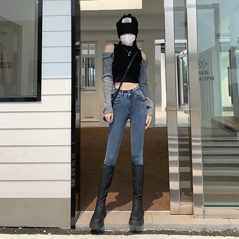 Super Elastic Pencil Jeans Women Skinny Denim Pants Stretch High Waist Slim Trousers Double Button Streetwear Show Thin And Tall