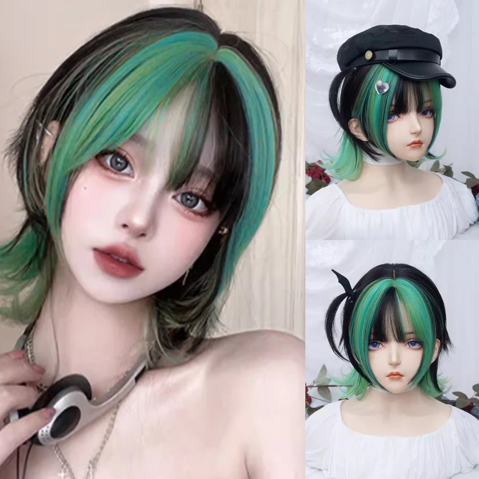 

Короткий прямой синтетический волос для девочек, зеленый, черный, косплей парик для женщин, Лолита, летний цвет, подсвечивающий градиент с челкой, окрашенный