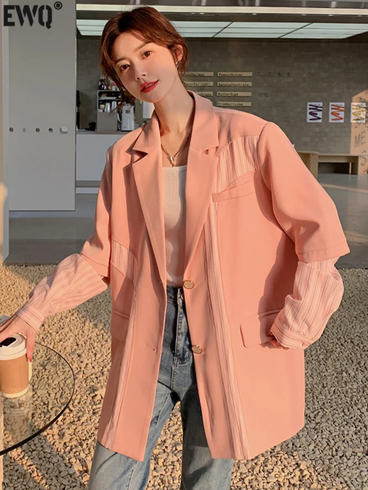 

[EWQ] Striped Patchwork Fake Two-piece Blazer Coat Sweet Women Long Sleeve Loose Temperament Suit Jacket 2023 Autumn New 16U992