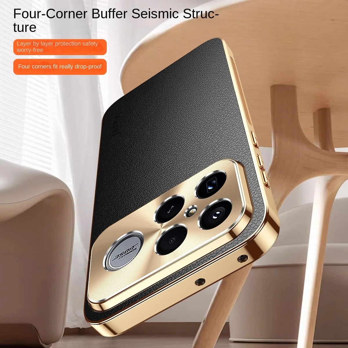 Elegant Shockproof Luxury PU Leather Phone Case with Alloy Lens Frame and Electroplated Finish