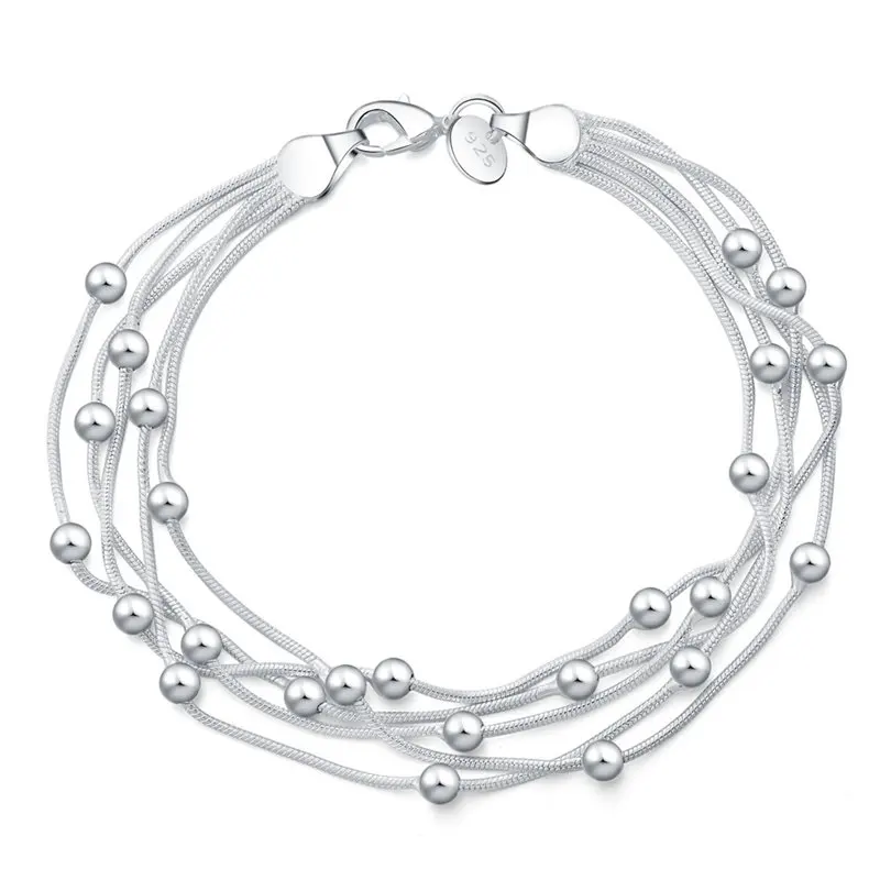 925 Silver Bracelet 8 Inches 5 Wire Beaded Chain Bracelet For