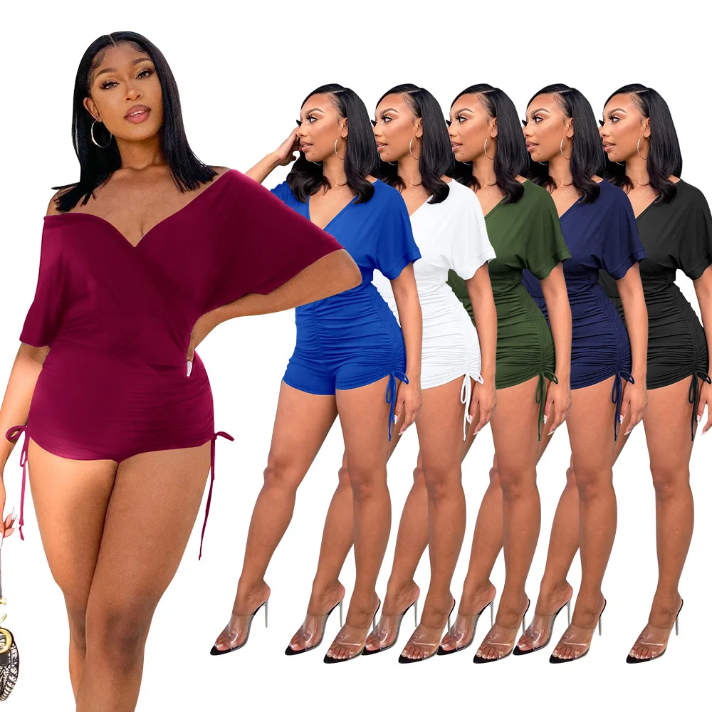 

2023 Fashion Summer Women's Sexy Drawstring Fold V-neck Bat Short-sleeved Jumpsuit
