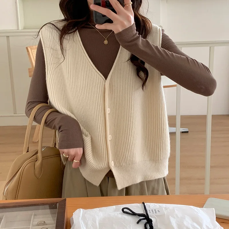 Autumn Women Knitted Deep V Neck Sleeveless Cardigan