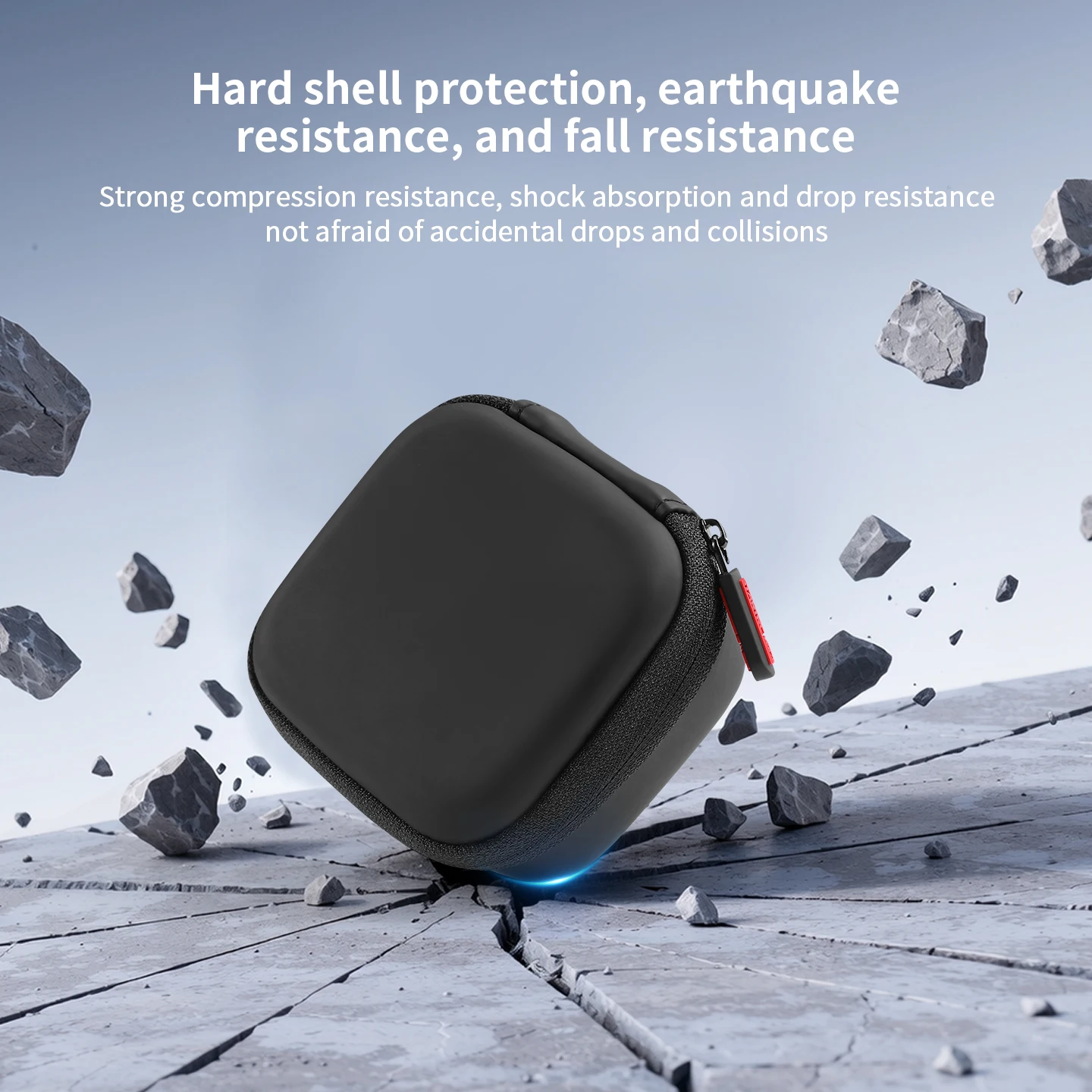 Vue de face de l'étui de protection pour Insta360 Link 2, fermé, avec texture en similicuir et coutures.