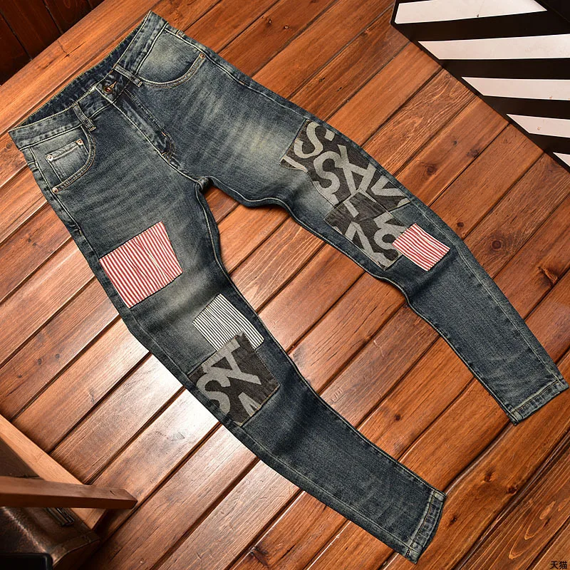 2024 New Light Luxury High End Jeans Men'S Slim Fit Straight Patch Retro Blue Versatile Fashion Elastic Casual Denim Pants