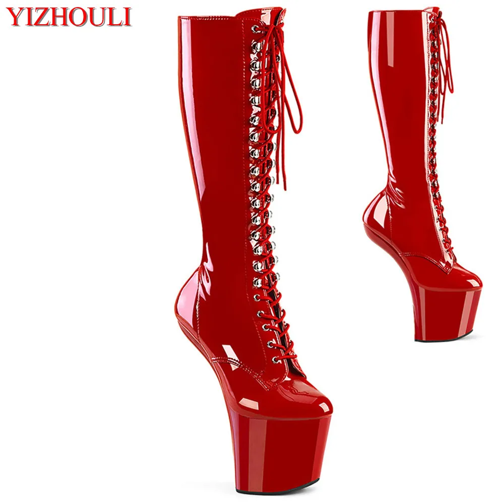 

20cm trend hate sky high pole dancing heels, patent leather lace-up waterproof platform without heel, runway dance shoes