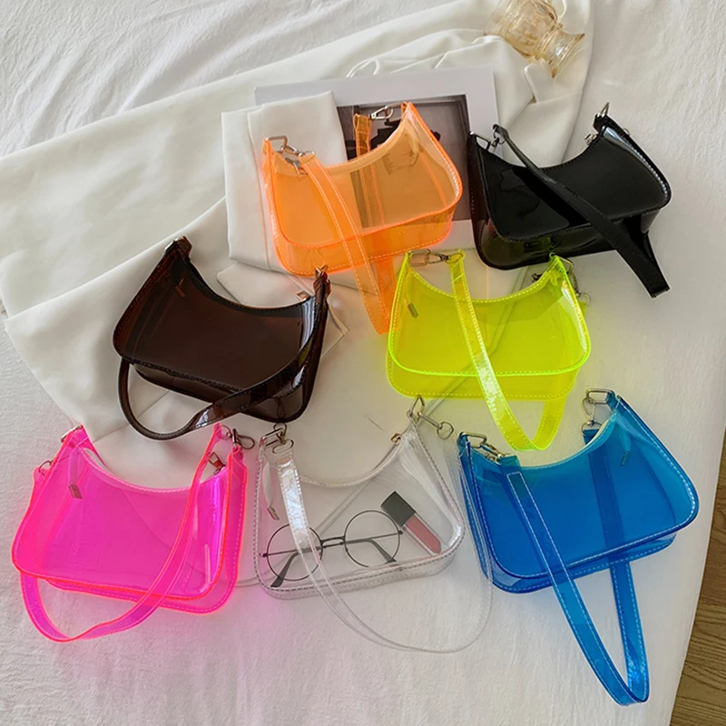 Shoulder Bag Ladies Handbag Underarm Bag Mobile Phone Bag Fashion Vintage Ladies Jelly Solid Color Clear Underarm Bag Casual Women Hobos Handbags Purse Fashion Cell Phone Shoulder Bag
