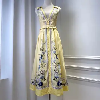 Sweet Fresh Floral Print Pleated Party Dress Woman Summer Elegant V Neck High Waist Long Dress Summer Sleeveless Boho Midi Dress