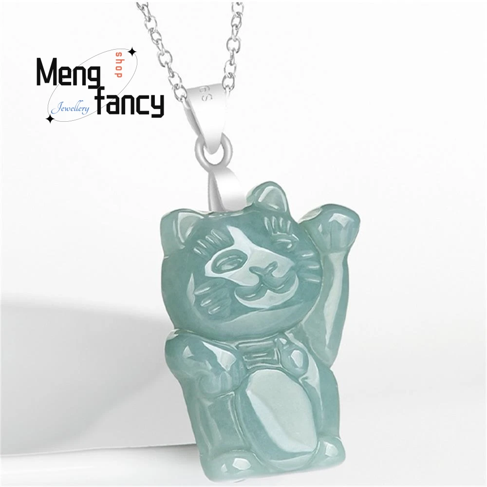 Natural A-goods Jadeite Blue Water Fortune Cat Jade Pendant S925 Silver Inlay Exquisite Cute Mascot Fashion Jewelry