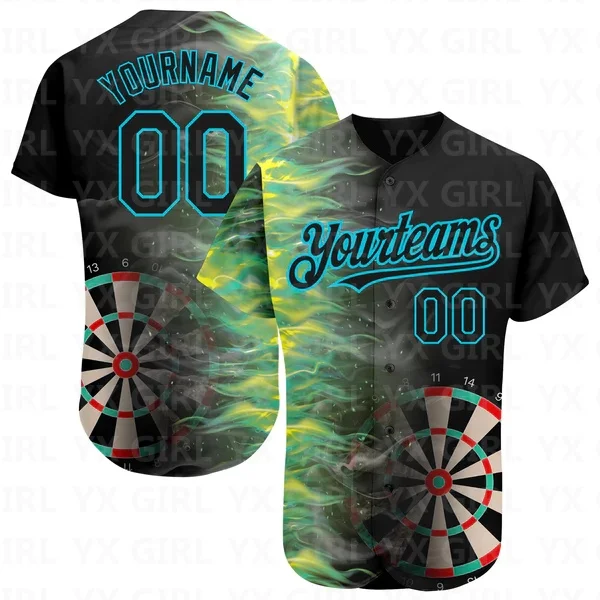 

Custom Black Lakes Blue 3D Pattern Design Fiery Dart Board Authentic Baseball Jersey Printed Men and Women Shirt Casual Shirts