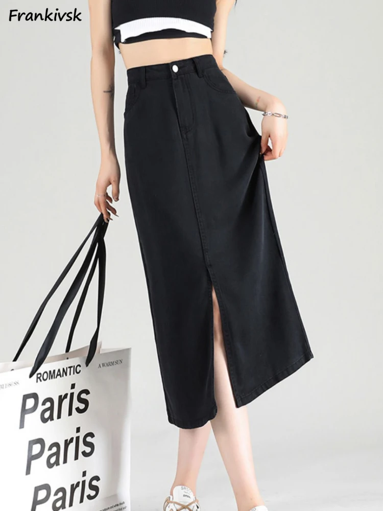 

Skirts Women Slit Denim Fashion Solid All-match Simple Soft Breathable Loose Fit Comfortable A-line Summer Office High Waisted