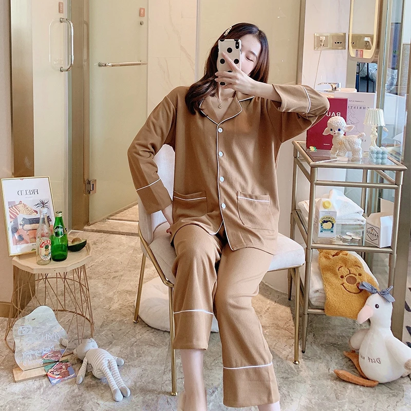 Autumn and Korean version of ins style pajamas, sweet and cute girl students can wear cardigan, small lapel home clothes suit
