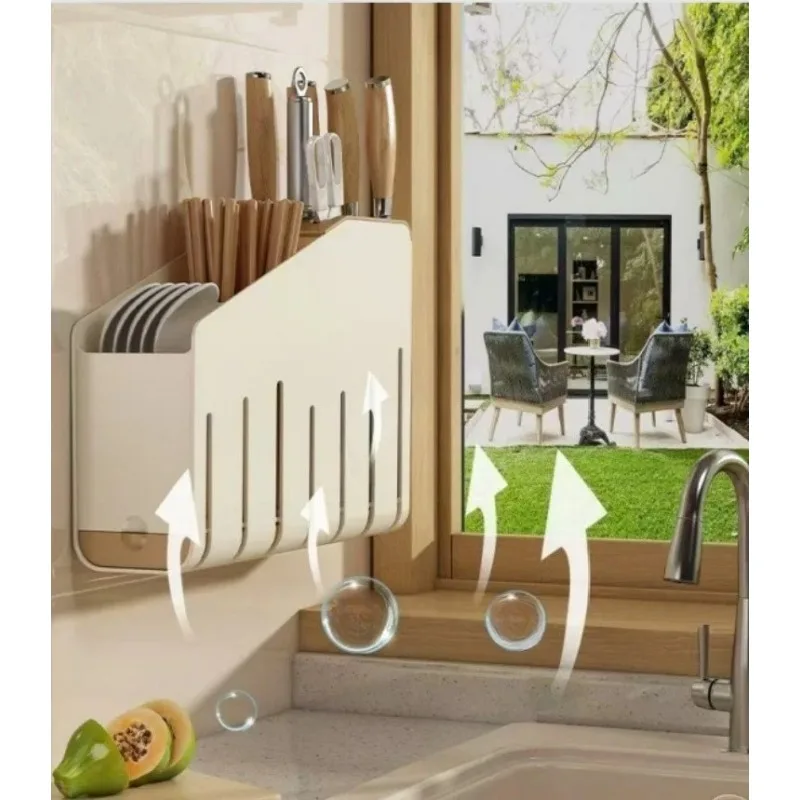 Multifunctional Wall-mounted Countertop Dual-use Cutlery Chopsticks Knife and Fork Storage Tube Draining Kitchen Shelf