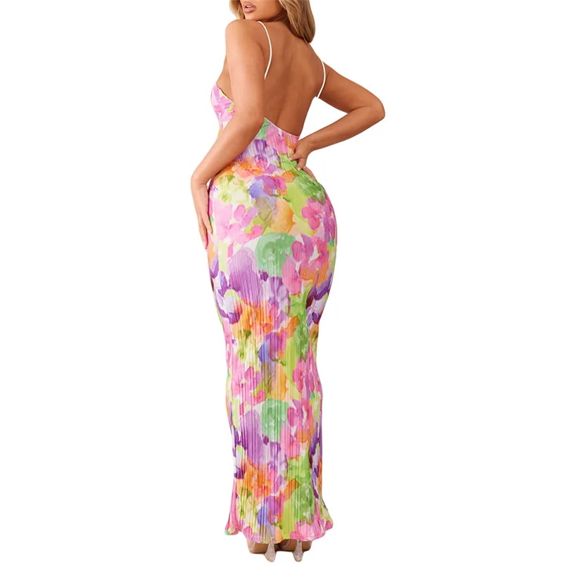 

Summer Spaghetti Straps Flower/Tie-dye Print/Solid Bodycon Dress Women Sleeveless Open Back Slim Stretch Long Dress Party Beach
