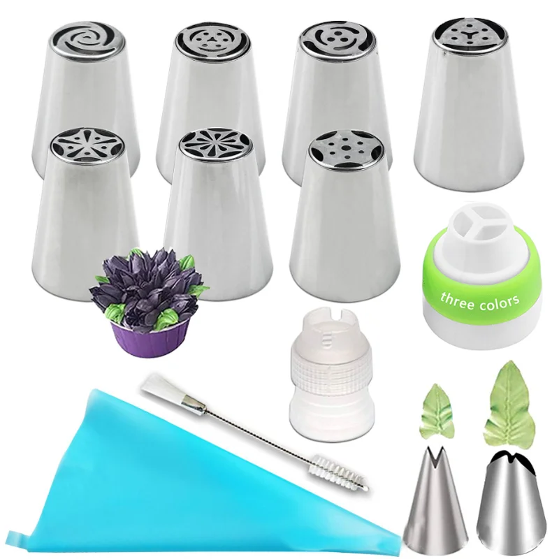 

8/13PCS Russian Icing Piping Nozzles Tulip Stainless Steel Flower Cream cake Pastry Tips Leaf Nozzles Silicone Bag Cupcake DIY