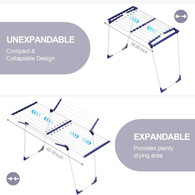 Clothes Drying Rack, Foldable Gullwing Laundry Rack for Indoor Outdoor, 10pcs Clips with Bag 6