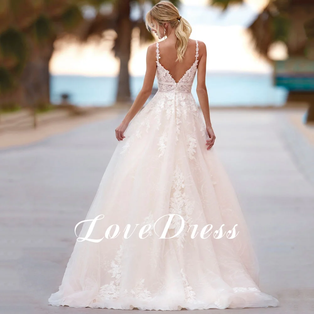 LoveDress Princess V-Neck Wedding Dress Spaghetti Straps Lace Appliques Backless Ball Gown For Bride Sleeveless Vestido De Novia