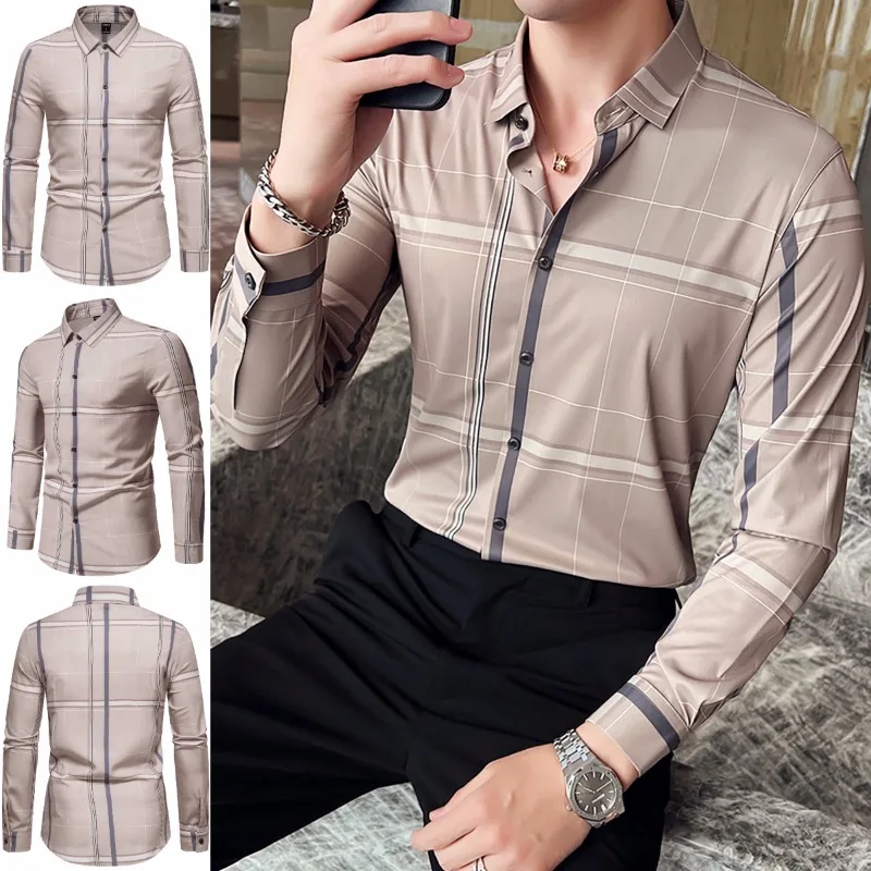 

2024 New Men's Vertical Striped Shirt Fashion Long Sleeve Lapel POLO Shirt Casual Breathable Breasted Top