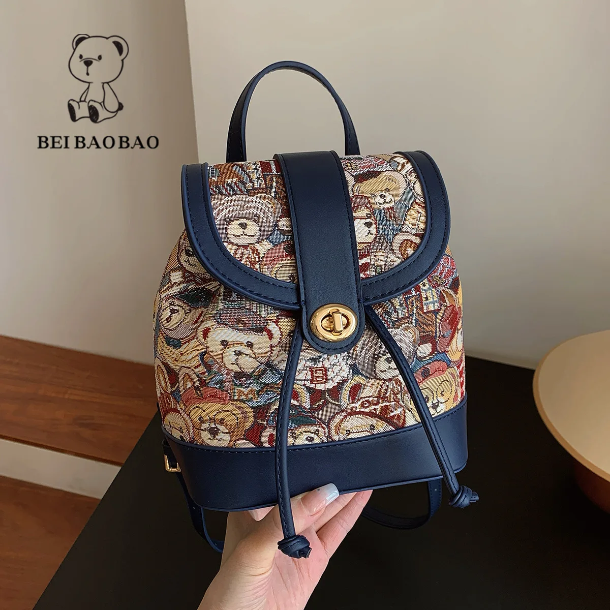 Beibaobao 2024 New Backpack Women's Cartoon Printed Student Backpack Large Capacity Contrast Canvas Travel Bag Handbag 6