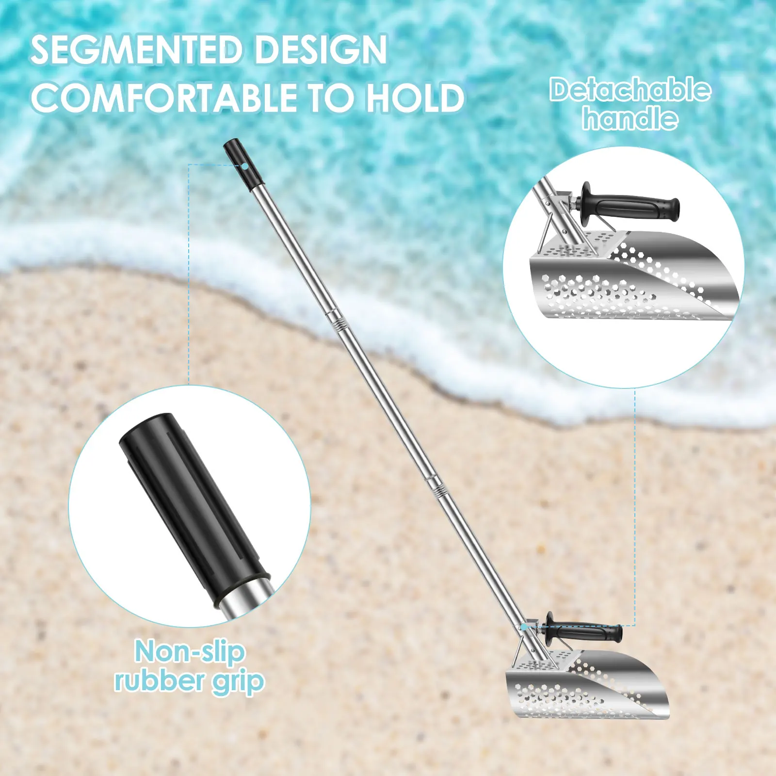 Long Handle Sand Scoop Heavy Duty Stainless Steel Metal Detecting Sand Scoop with Long Handle for Underwater Treasure Hunting 3