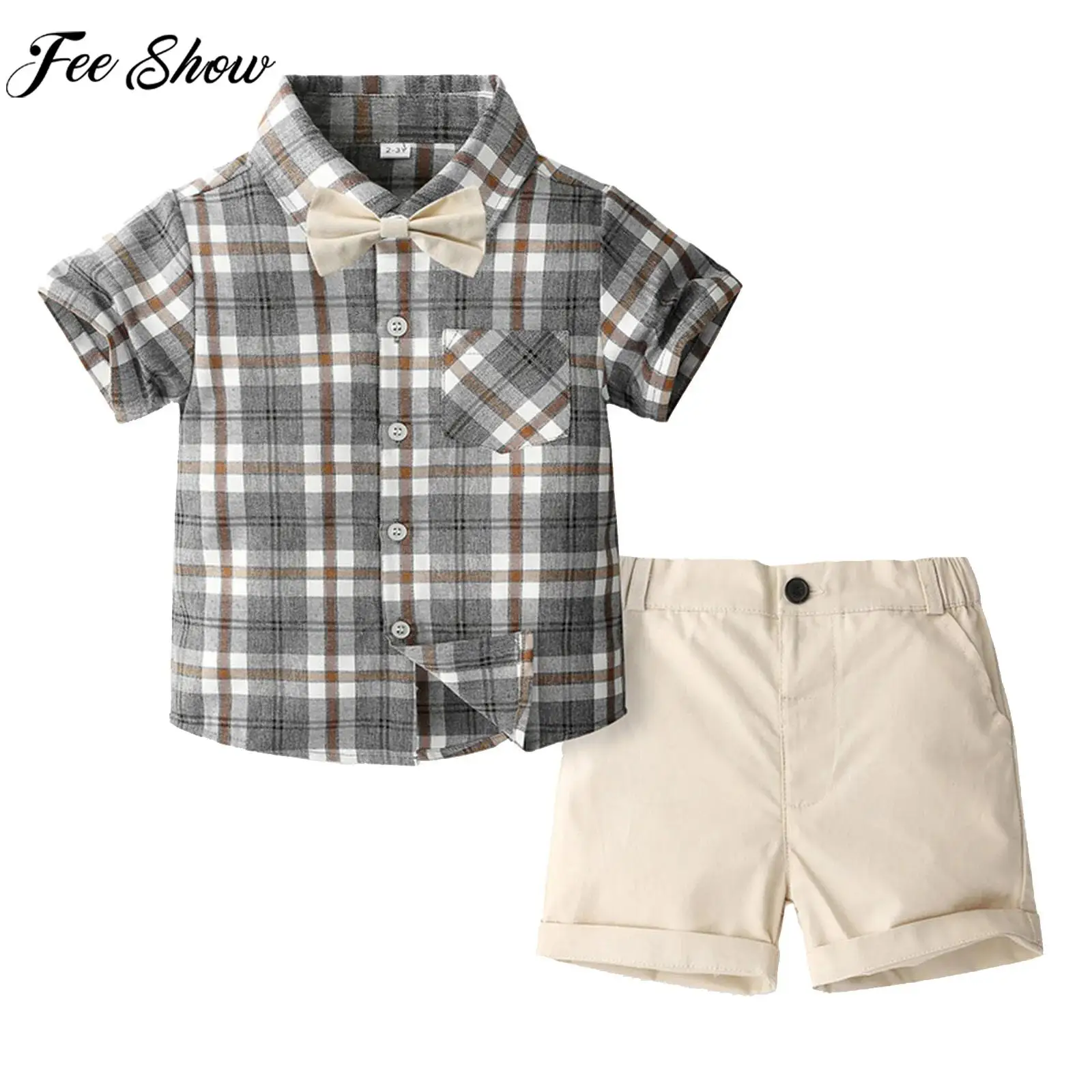 

Toddler Boys Summer British Preppy Style Gentleman Suit Short Sleeve Bow Plaid Shirt with Shorts Birthday Wedding Party Outfit