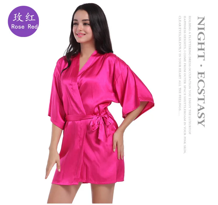 

2022 Women's Nightgown Simulation Silk Satin Kimono Glossy Solid Color Thin Cardigan Spring Autumn Sexy Short Bathrobe R1