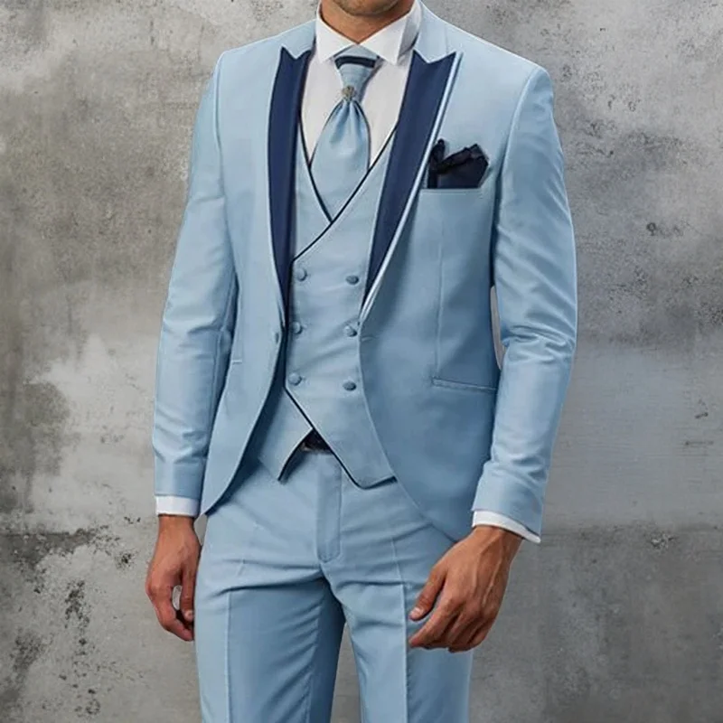 

Sky Blue Slim Fit Men's Tuxedo with Peak Lapel 3 Piece Wedding Suit Custom Groom Dinner Party Formal Attire 2023