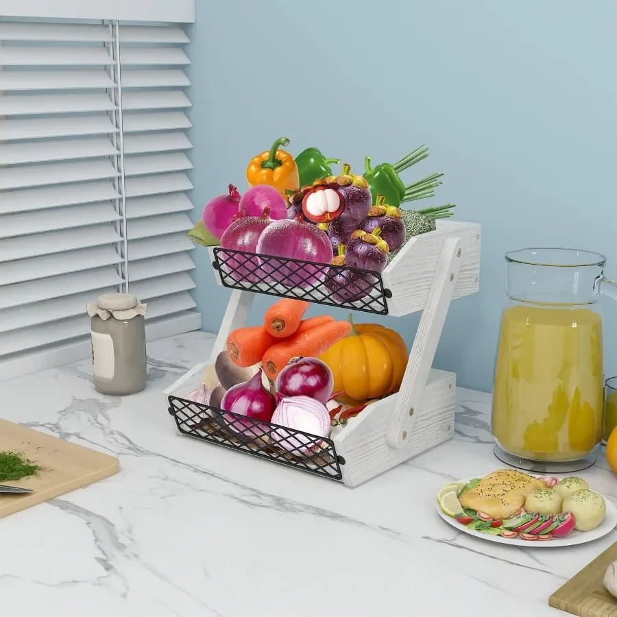 Fruit Basket for Kitchen 2 Tier Fruit Bowl Kitchen Counter Organizer Wooden Vegetable Holder for Countertop Bread Storage Baske