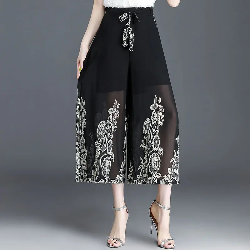 Summer Women Pants High Elastic Waist Print Skirt Trouser Wide-legged Pants Chiffon Nine-minute Pants Korean Black Pants