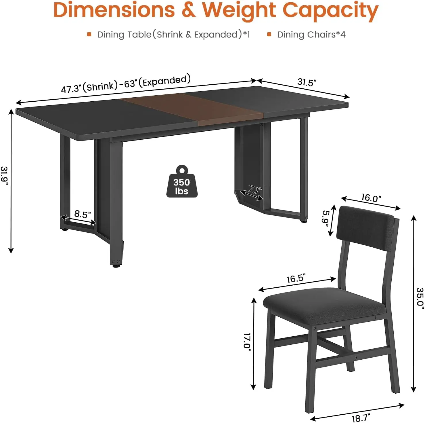 5-Piece Dining Table Set for 4-6 People, 63" Extendable Kitchen Table and 4 Cushion Chairs, Dining Room Table with MDF Board