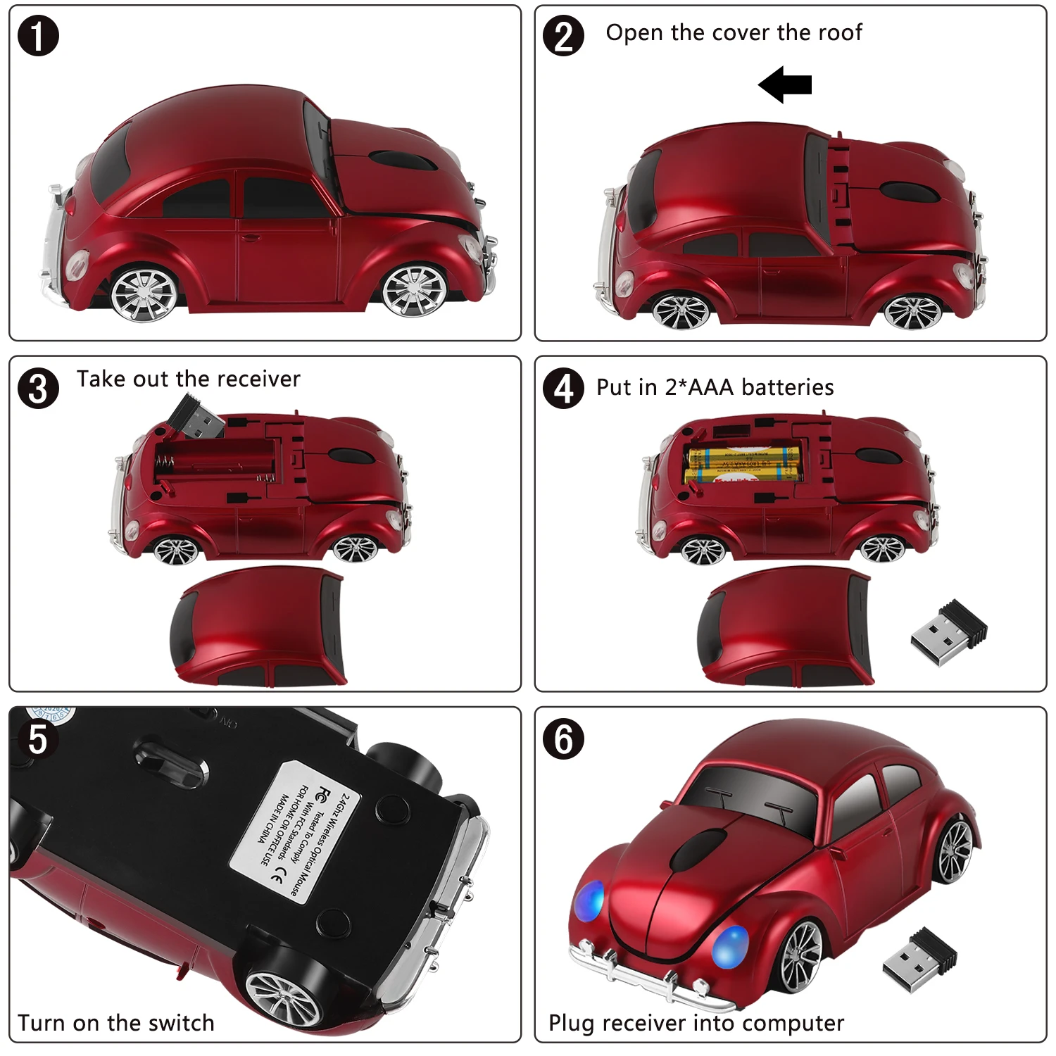 귀여운 VW 비틀 자동차 모양 무선 마우스 2.4G 1600 DPI 3D 인체공학적 게이밍 사무용 마우스 PC 노트북 컴퓨터 선물용