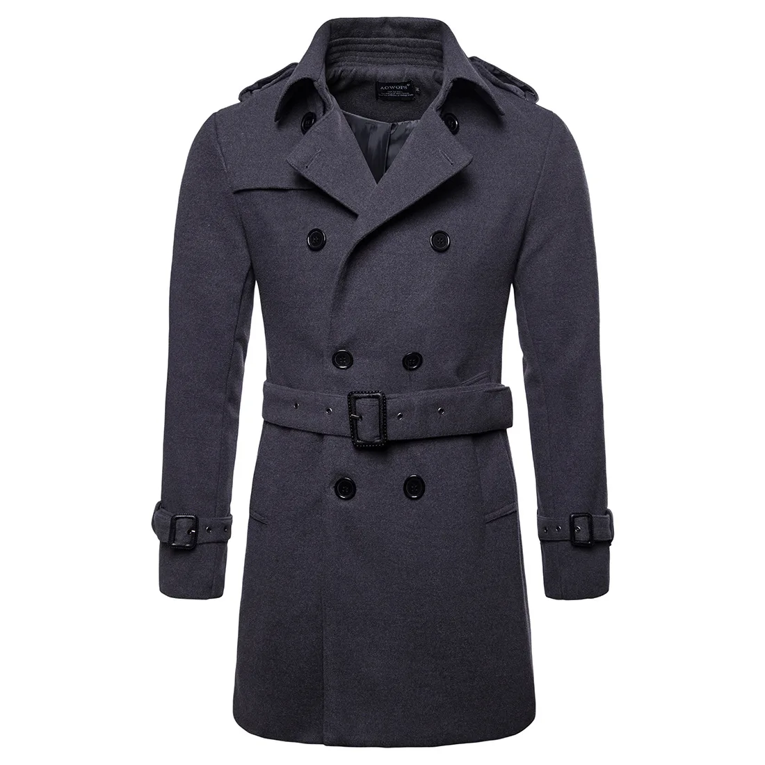 

Men European and American Mid-Length Woolen Coat Casual Double-Breasted Male Lapel WindbreakerAutumn New Belt Style Jacket 2XL