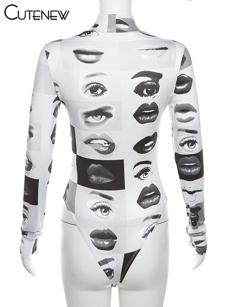 Body de manga larga con cuello alto y estampado de patchwork para mujer, nuevo top liso de moda, ropa de fiesta para club, ropa de calle de otoño