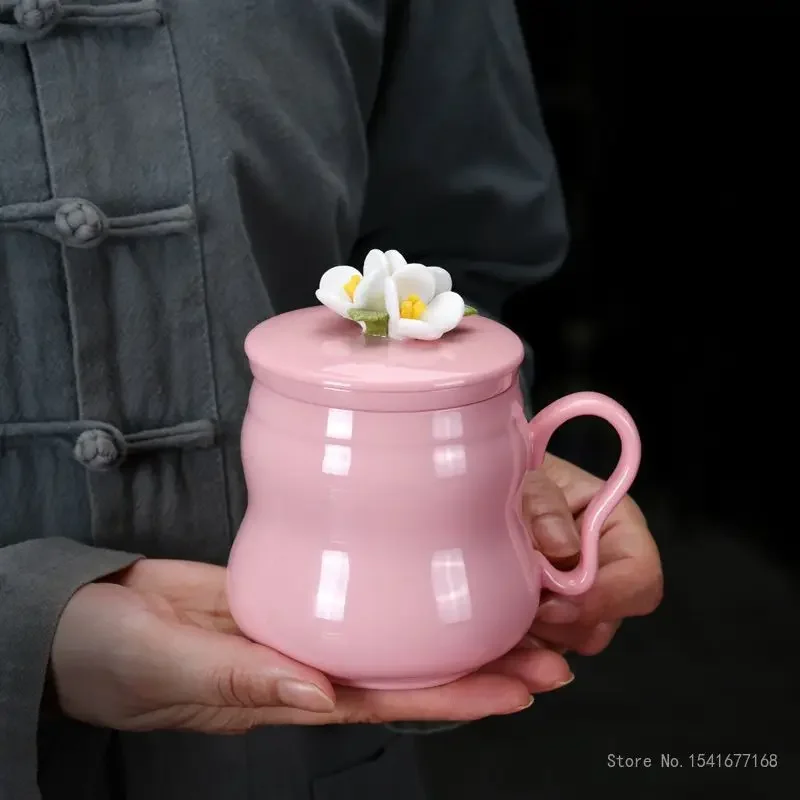 Tea Water Separating Mug with Handle Ceramic Cover Lid Pinching Flower with Handle Creative Home Furnishings Office Pink Cup 1Pc