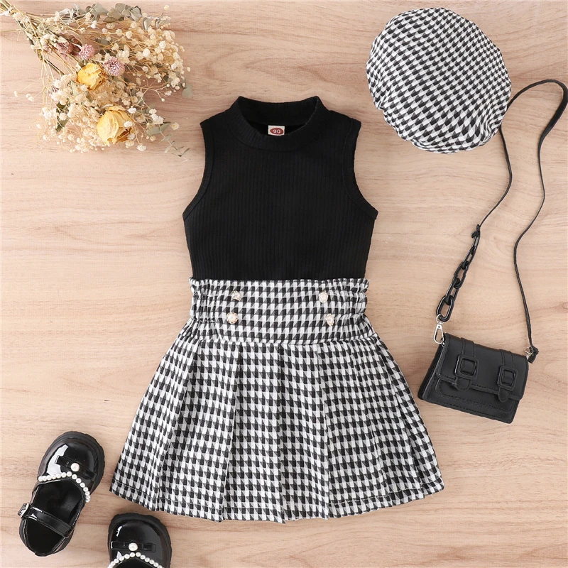 

Summer Kids Clothes Girl 3Pcs Outfits Solid Color Rib Knit Crew Neck Tank Tops Houndstooth Pleated Skirts Beret Cap Set