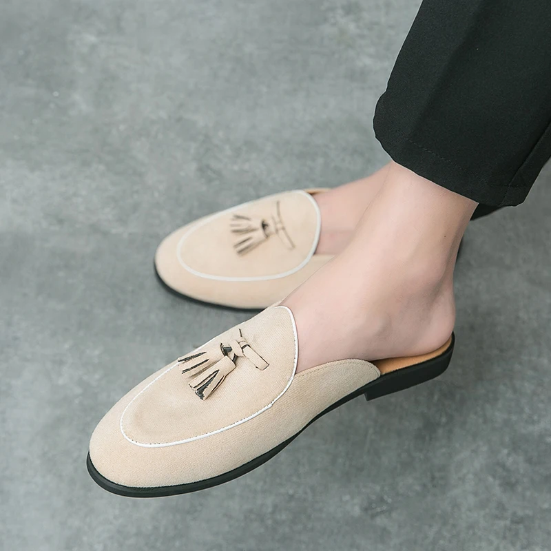 Summer Men Suede Half Loafers Fashion Tassel Breathable Slippers Man Outdoor Lightweight Mules Cool Half Shoes for Man Leather