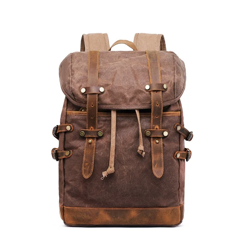 New Wax Canvas Bag with Genuine Leather Travel Outdoor Backpack Horseskin Men's Bag 6