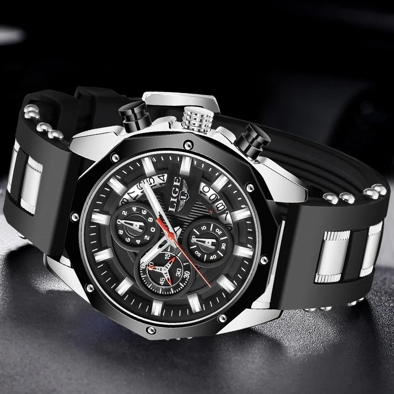 LIGE Brand Luxury Mens Watches Casual Quartz Watch Men Silicone Strap Military Chronograph 30M Waterproof Watch Montre Homme