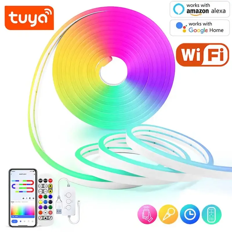 TUYA Neon LED Strip Lights 5V Neon Rope Light 1M/2M/3M 84LEDs/M with Music Sync RGBIC Dreamcolor Chasing Strip Tape Lighting