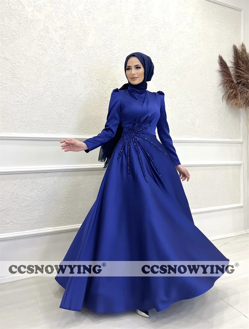 

Satin Beaded Hijab Muslim Evening Dresses Long Sleeve High Neck Islamic Formal Party Gown Arabic Dubai Women Robe De Soiree