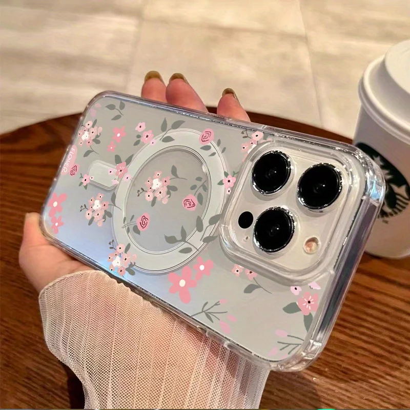 Pink Flower Transparent Shockproof Phone Case with Magnetic Wireless Charging Capability