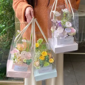 Borsa per fiori portatile trasparente Borsa per imballaggio Materiale per bouquet Borsa per avvolgere Scatola di carta portatile Borsa per fiori Festa di nozze