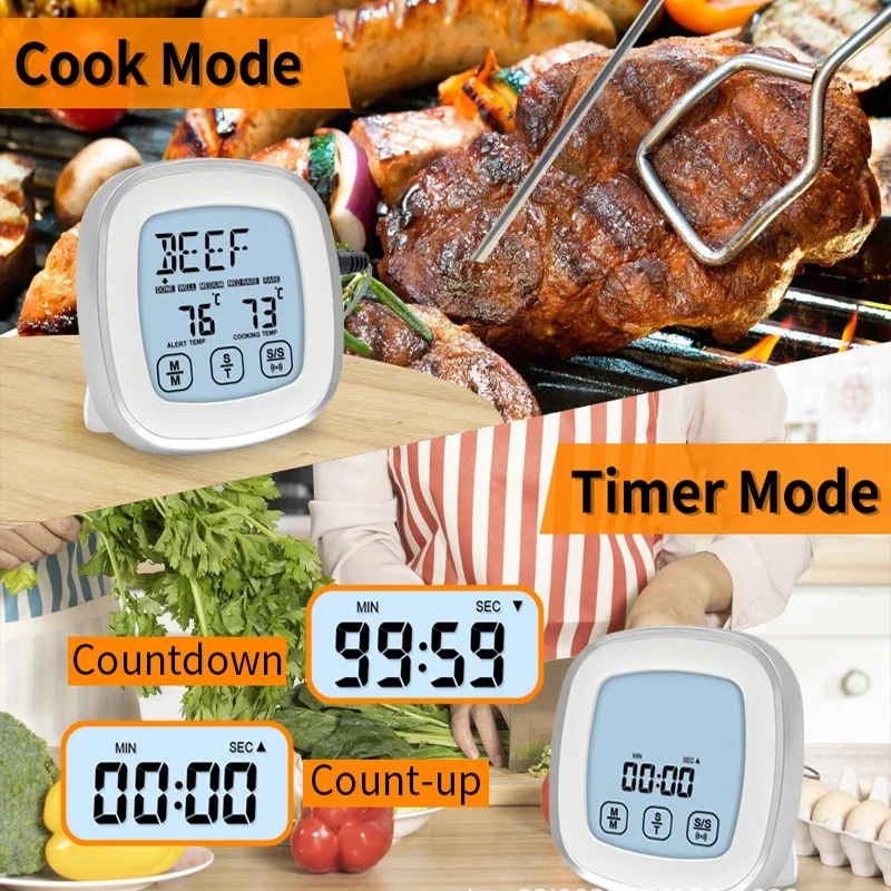 Meat Thermometer, Digital Meat Thermometer with Large Touchscreen LCD, with  Long Probe, Kitchen Timer, Grill Thermometer, Cooking Food Meat